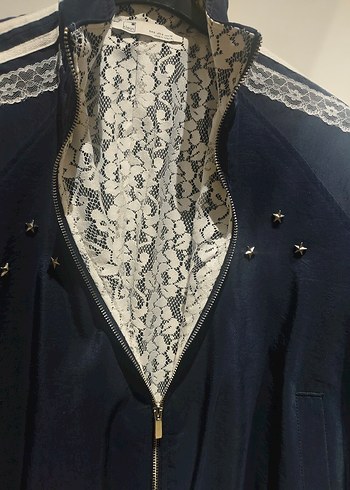 Düğmeli Nakışlı Mavi Kadın Ceket - Görsel 8