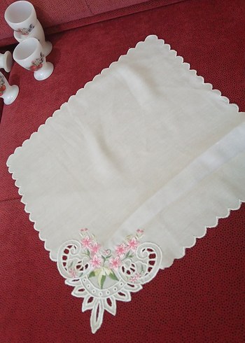 Nakışlı Vintage Beyaz Masa Örtüsü 16 parça mutfak peçete ve per - Görsel 3