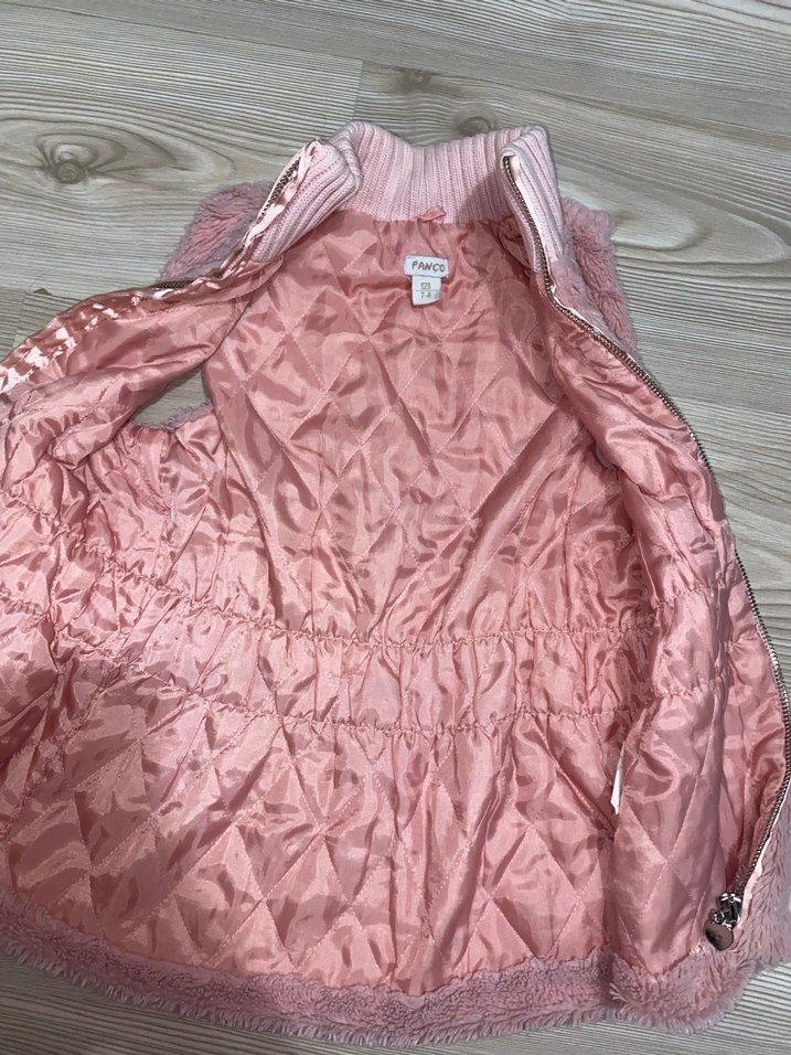 Kız Çocuk Pembe Kürklü Triko Yelek - Görsel 4
