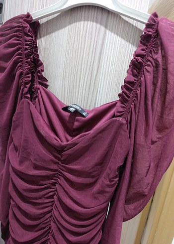 Missguided Bordo Drapeli Mini V Yaka Kadın Elbise