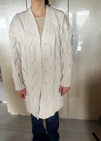 Kırık beyaz Örgü Kadın Hırka, Salaş ve uzun Boy - Görsel 4