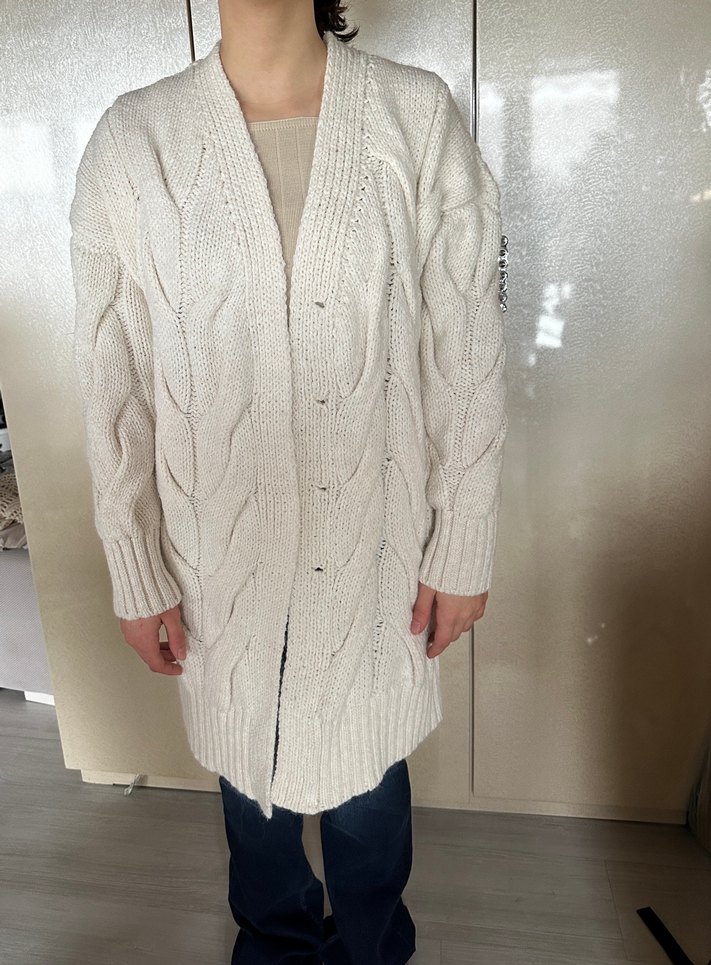 Kırık beyaz Örgü Kadın Hırka, Salaş ve uzun Boy - Görsel 4