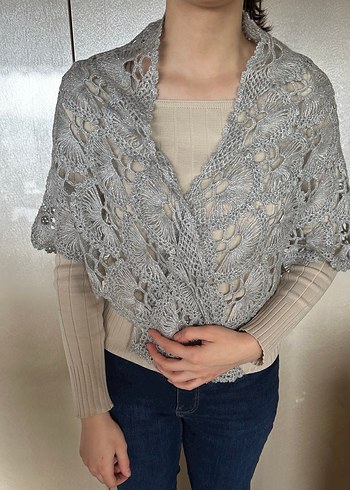 Gri Dantel Örgü Kadın Şal - Görsel 3