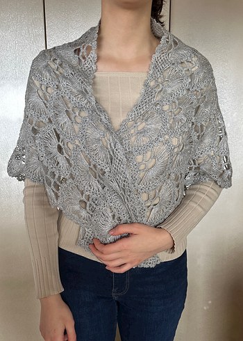 Gri Dantel Örgü Kadın Şal - Görsel 2