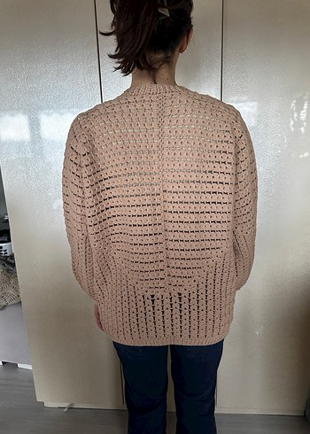 Bej Örgü Kadın Hırka V Yaka Rahat Kesim - Görsel 2