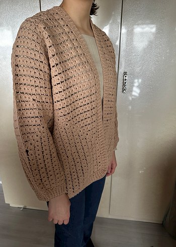 Bej Örgü Kadın Hırka V Yaka Rahat Kesim - Görsel 3