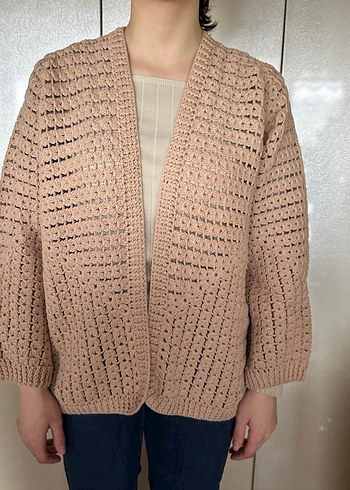 Bej Örgü Kadın Hırka V Yaka Rahat Kesim - Görsel 4