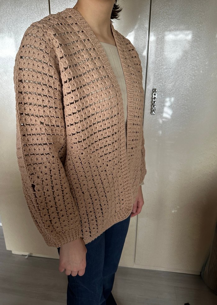 Bej Örgü Kadın Hırka V Yaka Rahat Kesim - Görsel 3