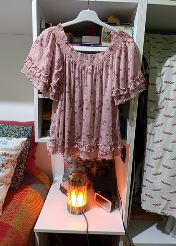 Pembe Bohem Renkli Fırfırlı Straplez Bluz