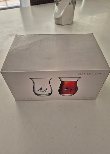 Beden mavi Renk Mavi Kuş Desenli İnce Cam Çay Bardağı