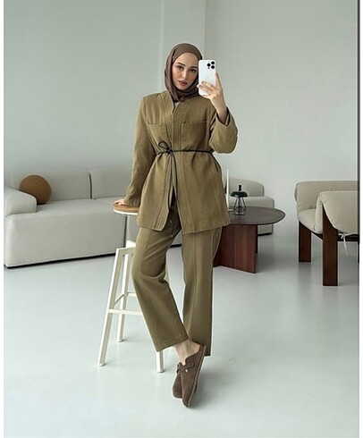 Gabardin kumaş haki yeşil tesettür takım