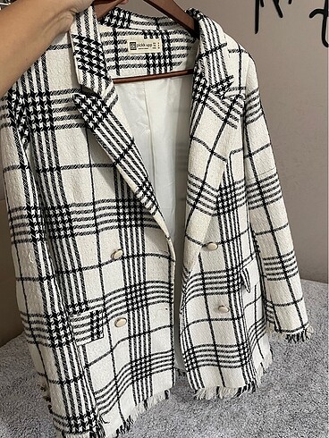 s Beden Ekoseli Blazer Tüvit Ceket