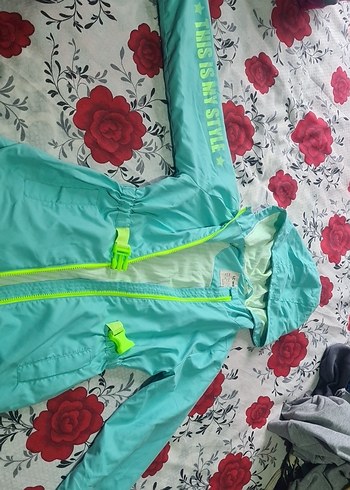 Kız Çocuk Turkuaz Kapüşonlu Fermuarlı Yağmurluk - Görsel 3