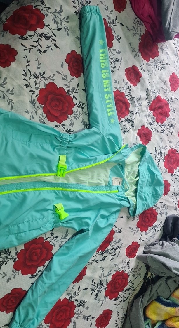 Kız Çocuk Turkuaz Kapüşonlu Fermuarlı Yağmurluk - Görsel 3