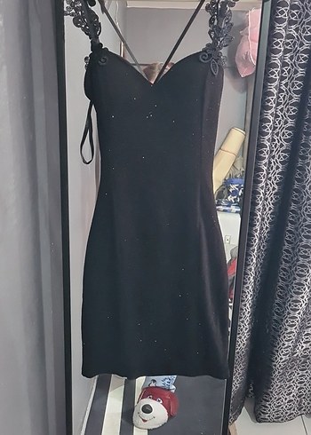 Dantel Detaylı Siyah Midi Strappy Elbise - Görsel 3