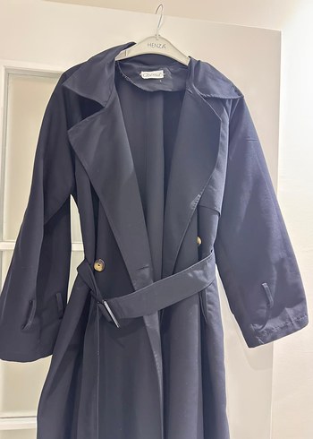 Kadın Siyah Kemerli Uzun Keten Trençkot - Görsel 3