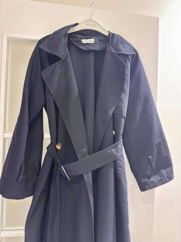 Kadın Siyah Kemerli Uzun Keten Trençkot - Görsel 3