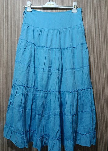 Mavi Uzun Pilili Keten Bohem Etek - Görsel 2