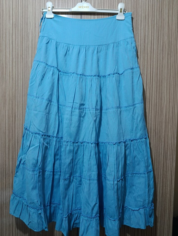 Mavi Uzun Pilili Keten Bohem Etek - Görsel 2