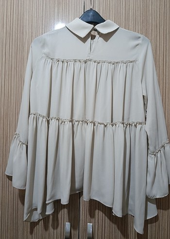 Bej Renkli Uzun Kollu Fırfırlı şifon Bluz - Görsel 2