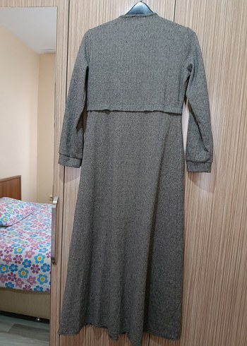 Düğmeli Uzun Gri Keten Elbise - Görsel 2