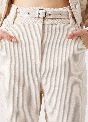 Mavi fitilli beyaz kadife pantolon 