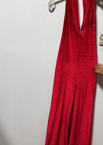 Kırmızı Parlak V Yakalı Kadın Tulum - Görsel 2