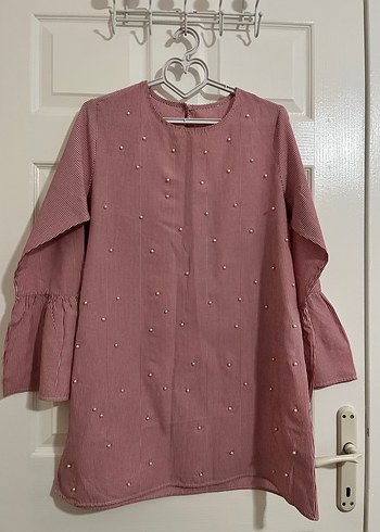 Düğmeli Pembe İnci Nakışlı Pamuk-keten Tunik
