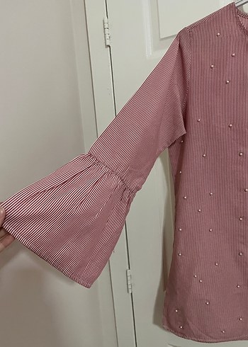 l Beden Düğmeli Pembe İnci Nakışlı Pamuk-keten Tunik