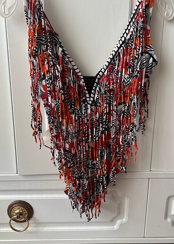 Püsküllü Çok Renkli Zebra Desenli Kadın Mayo - Görsel 2