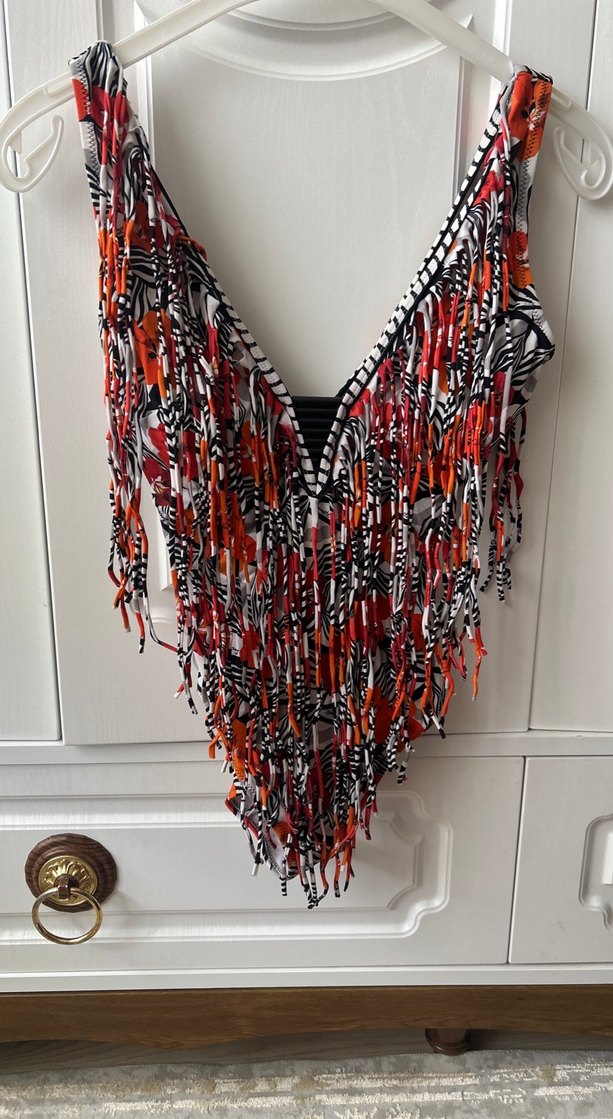 Püsküllü Çok Renkli Zebra Desenli Kadın Mayo - Görsel 2