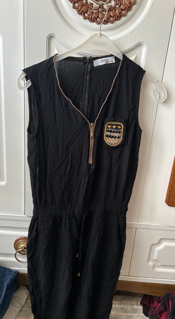 Siyah Zincir Detaylı Kadın Uzun Tulum - Görsel 2