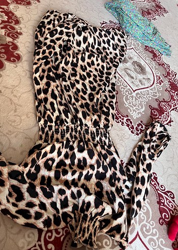 s Beden kahverengi Renk Leopar Desenli Uzun Kadın Elbise