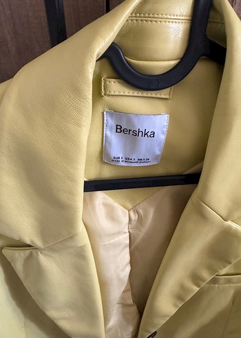 s Beden Sarı Deri Düğmeli Midi Blazer