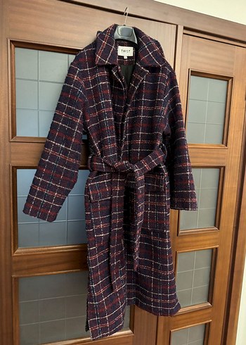 Bordo Ekose Desenli Kemerli Kadın Yün Kaban - Görsel 6