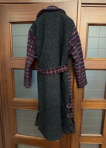 Bordo Ekose Desenli Kemerli Kadın Yün Kaban - Görsel 5