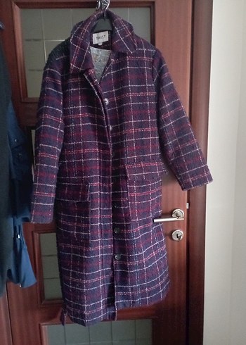 Bordo Ekose Desenli Kemerli Kadın Yün Kaban - Görsel 2