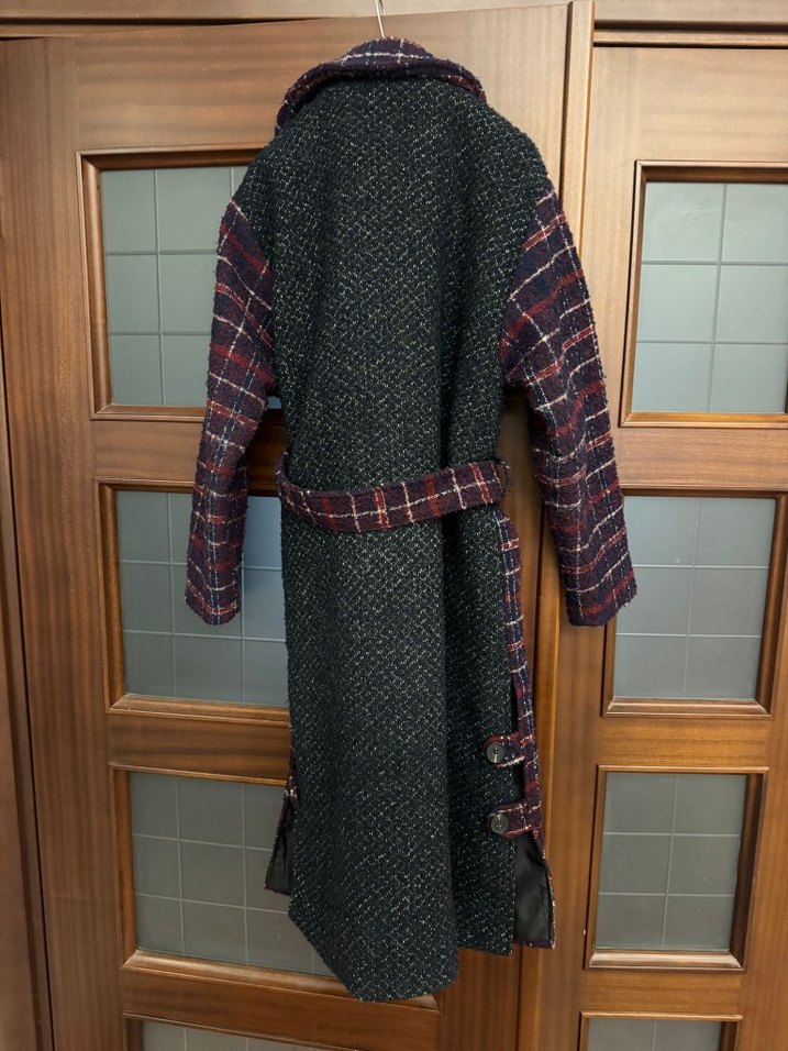 Bordo Ekose Desenli Kemerli Kadın Yün Kaban - Görsel 5