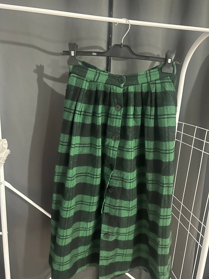 Düğmeli Yeşil Kareli Hamile Midi Etek - Görsel 2