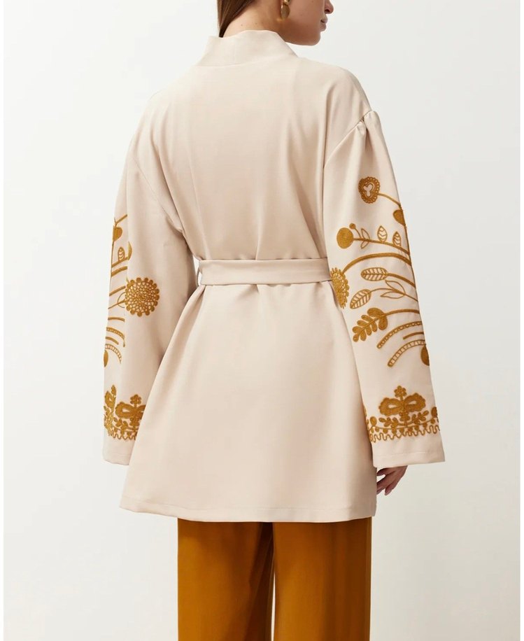 Nakışlı Bej Uzun Kadın Kimono - Görsel 4