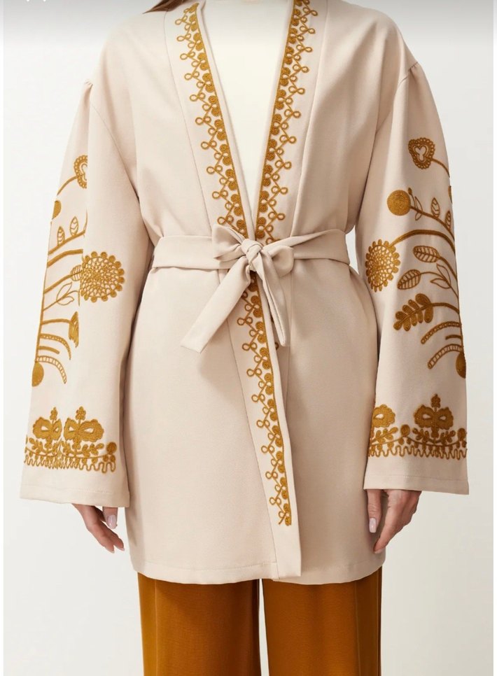 Nakışlı Bej Uzun Kadın Kimono - Görsel 3