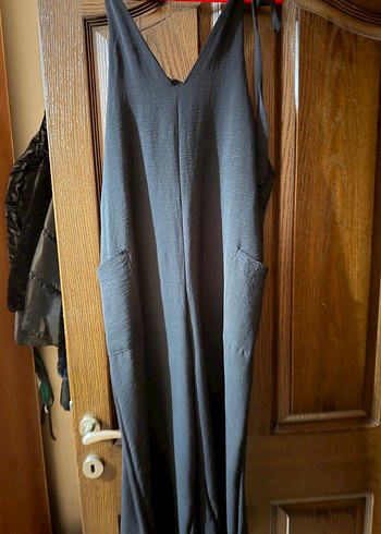 Siyah V Yaka Keten Midi Tulum - Görsel 2