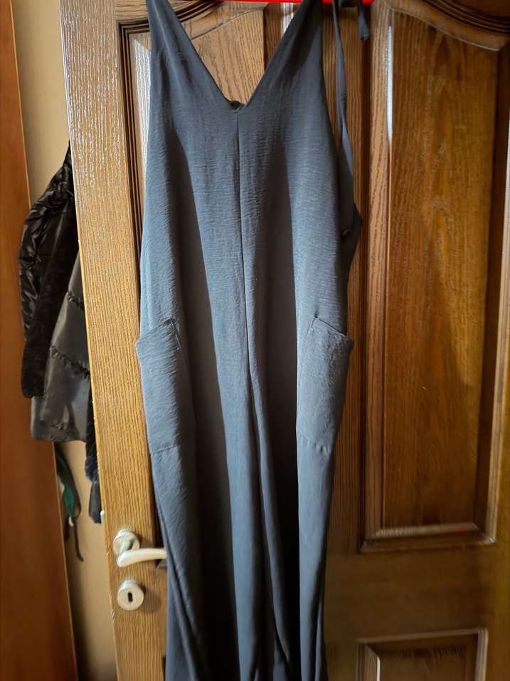 Siyah V Yaka Keten Midi Tulum - Görsel 2