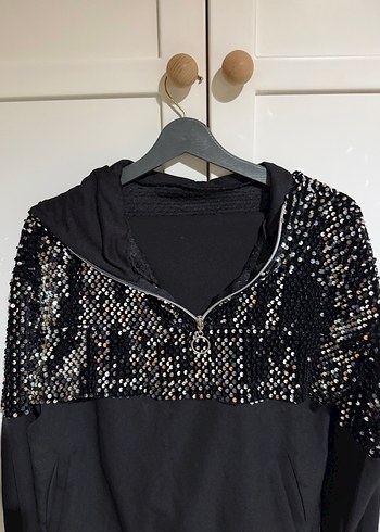 Kadın Siyah Payetli Kapüşonlu Sweatshirt - Görsel 2