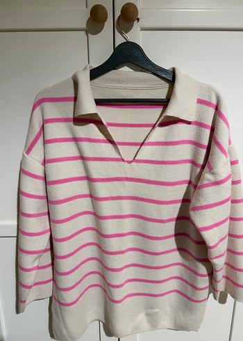 Pembe Çizgili Örgü Kadın Kazak - Görsel 2