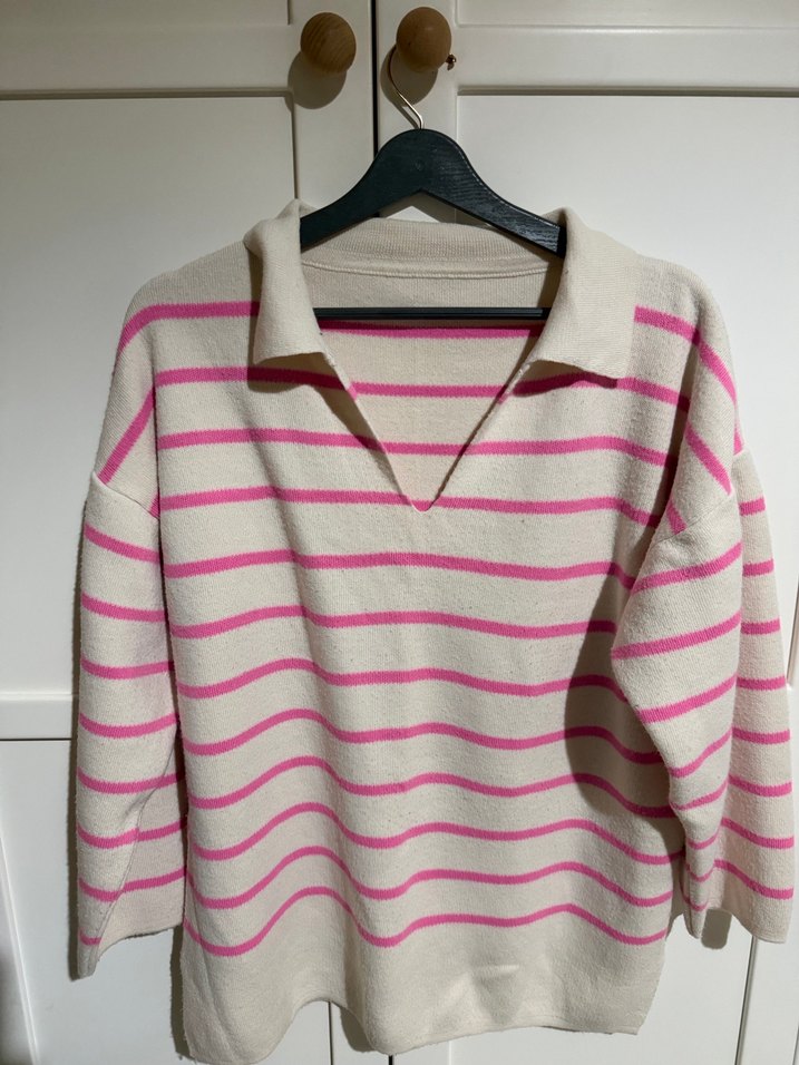 Pembe Çizgili Örgü Kadın Kazak - Görsel 2