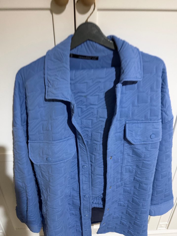 Düğmeli Mavi Keten Kadın Ceket - Görsel 2