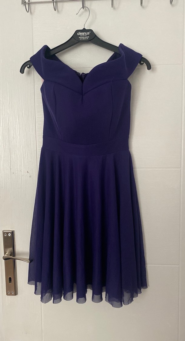 Mor Mini midi boy arası kayık Yakalı Abiye Elbise - Görsel 3