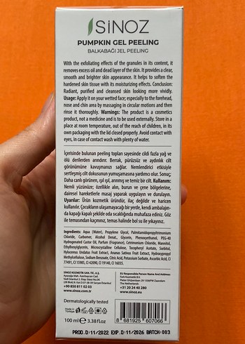 Diğer SiNOZ Kabak Özlü Jel Peeling