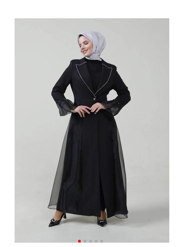 Setrms Siyah Tül Detaylı Taş İşlemeli Kruvaze Yaka Elbise - Görsel 2